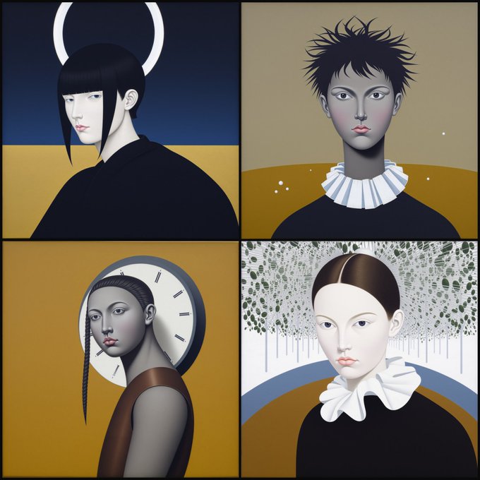 A four-panel illustration featuring stylized portraits of characters against yellow and blue backgrounds, with elements like a crescent moon, a ruffled collar, and a clock face.