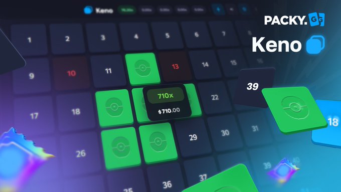 A Packy.GF Keno game grid shows a massive 710x multiplier win of $710 on a $1 bet, with green highlight tiles indicating the player's selections across numbers like 10, 11, 13, and 39 — visually celebrating the record-breaking payout mentioned in the caption.
