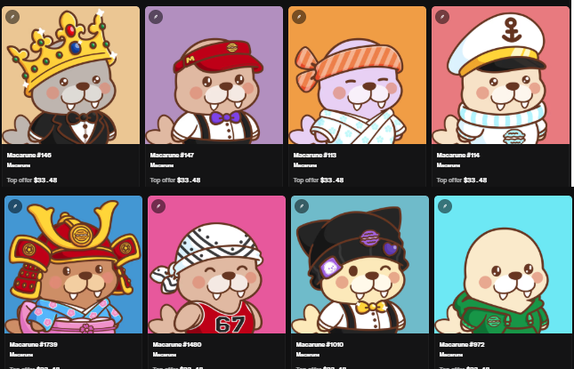 A grid of eight Macamuso NFT collectibles featuring characters in various costumes like crowns, military uniforms, and sailor hats, all with 'Top offer 033' listed.