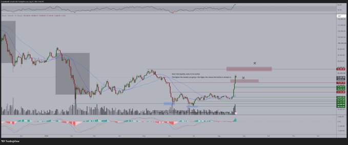 A TradingView chart showing Bitcoin (BTC) candlestick price action with moving averages, volume bars, and an MACD indicator at the bottom, displaying horizontal resistance zones marked with "X" labels and annotated text reading "Short side liquidity ready to be sucked" and "Strongest low broken and gone for higher highs before the retrace and attacks." The chart visually supports the post's bullish thesis by highlighting unfilled resistance levels and recent liquidity sweeps that suggest a continuation upward rather than the bearish calls for further downside.