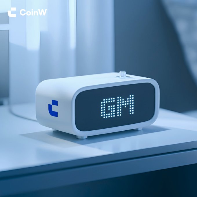 A white digital clock displays "GM" on its screen, as seen in the CoinW branded image. The post's "GM" likely refers to "Good Morning" or perhaps the GM crypto ticker.