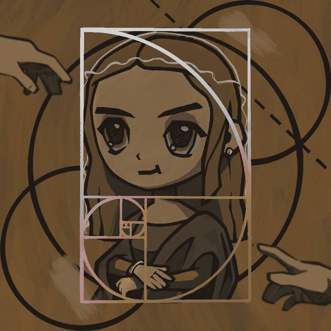 A stylized cartoon portrait of a woman with large eyes and long hair is overlaid with the Fibonacci golden ratio spiral, referencing Leonardo da Vinci's classical artistic techniques. The composition, along with the hands pointing inward, ties into the museum launch post showcasing 2,901 works in a public fair on OpenSea.