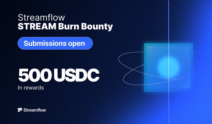 Promotional banner for the "Streamflow STREAM Burn Bounty" with submissions open and 500 USDC in rewards, featuring a glowing blue cube graphic on a dark blue background. The image visually supports the post announcing a 500 USDC bounty on SuperteamEarn for explaining the STREAM token burn and showcasing the burn transaction.