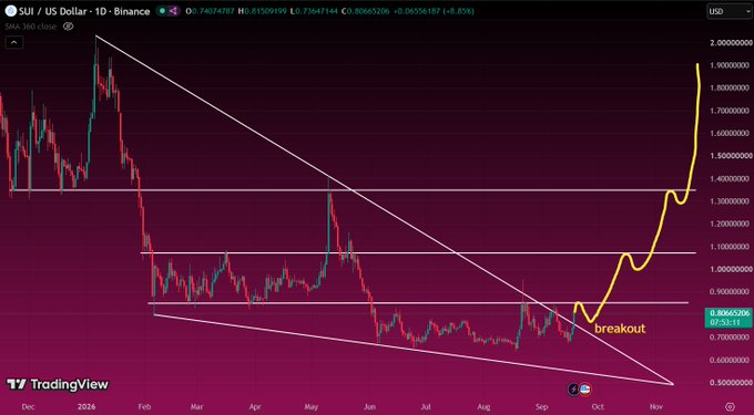 A TradingView chart of SUI/US Dollar on Binance shows a descending triangle pattern with a yellow line highlighting a 'breakout' and price rising sharply in October.