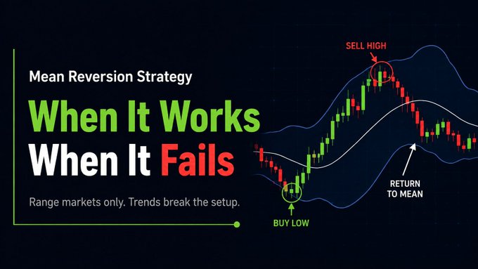 The image is a dark-themed graphic titled "Mean Reversion Strategy: When It Works, When It Fails," featuring a candlestick chart with Bollinger Bands showing a "BUY LOW" callout at a lower band touch and "SELL HIGH" at an upper band touch, illustrating the "Return to Mean" concept described in the accompanying post about range markets versus trending breakouts.
