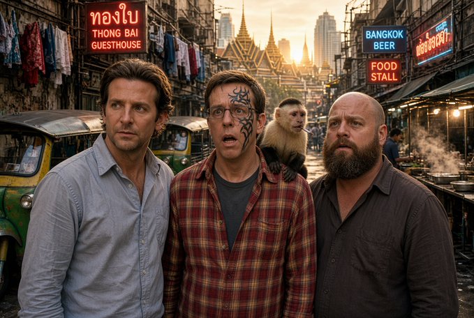 Three men stand together in what appears to be a Bangkok street scene with Thai signage (including 'BANGKOK BEER' and 'FOOD STALL'), one with facial tattoos and a monkey on his shoulder, resembling a promotional image for 'The Hangover Part III'.