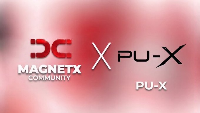 A promotional graphic announces a collaboration between MAGNETX COMMUNITY (DC) and PU-X, featuring both logos on a pink and white background.