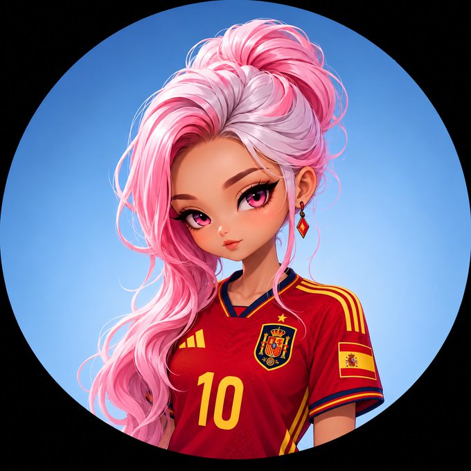 An anime-style character with long pink hair tied in a high ponytail wears a red Spain national team soccer jersey featuring the number "10" and Spanish flag patch, set against a blue circular background. The image doesn't directly relate to the post about @quipnetwork and @NucleusCodes, but may serve as a stylish profile picture or eye-catching visual to draw engagement to the crypto/blockchain discussion.