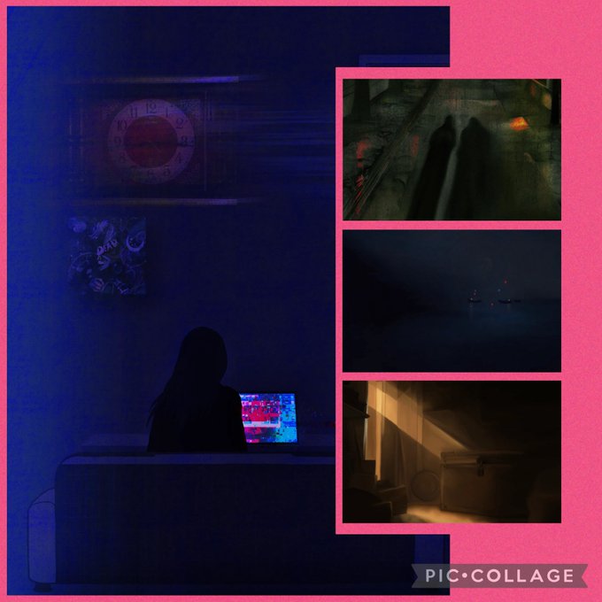 Aesthetic Pic-Collage featuring a silhouetted figure at a laptop bathed in blue light alongside three smaller inset images showing shadowy figures and atmospheric scenes.