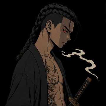 A samurai-style anime character with long braided hair, glowing red eyes, a dragon tattoo on his chest, and a sheathed katana exhales a trail of smoke against a black background, exemplifying the distinct character design and dark energy referenced in the post about the KYZIN Verse's varied aesthetic.