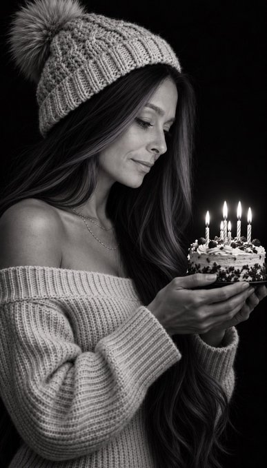 A black-and-white photo shows a woman in a knit pom-pom beanie and cozy off-the-shoulder sweater looking down at a small cake with lit candles.