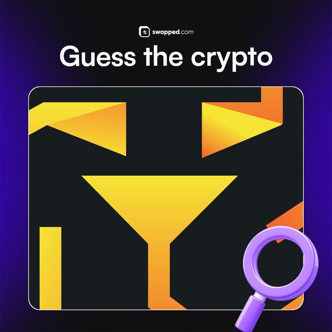 A "swapped.com" branded crypto guessing game featuring an abstract puzzle of yellow and orange geometric shapes on a black background, with a purple magnifying glass suggesting users decode a hidden cryptocurrency logo. The image supports the post's call for a $50 giveaway where participants retweet and reply to guess the crypto depicted.
