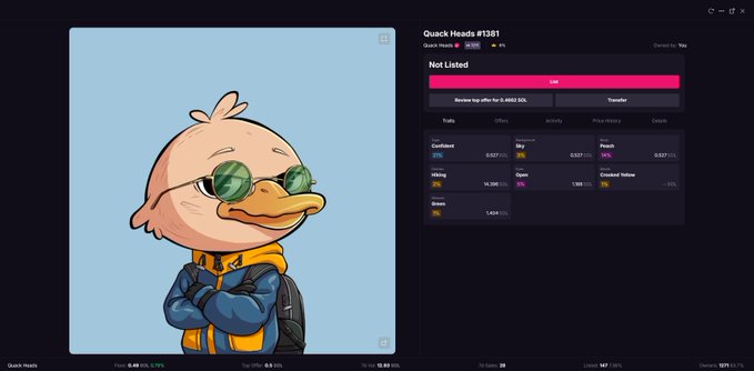 A NFT marketplace interface displaying a cartoon duck character wearing sunglasses and a yellow hoodie, titled 'Quack Heads #1381' and marked as 'Not Listed'.