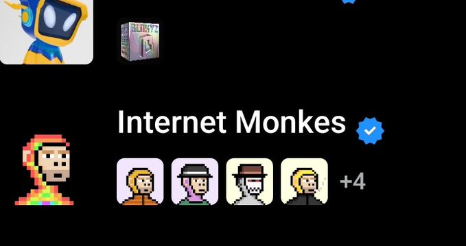 A screenshot of an 'Internet Monkes' NFT collection with a verified checkmark, displaying a pixel-art monkey character and several other monkey avatars with a '+4' indicator.