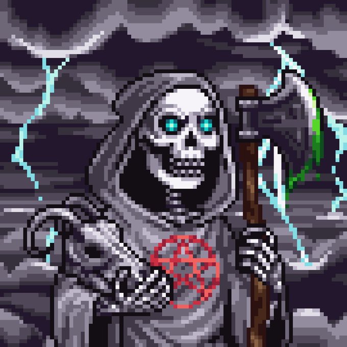 Pixel art depicting a grim reaper skeleton in a hooded cloak holding a scythe, with glowing blue eyes and a red pentagram on its chest.