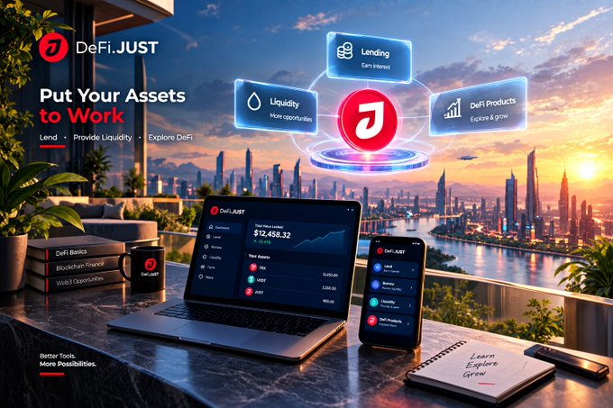 A promotional graphic for 'DeFi.JUST' with the headline 'Put Your Assets to Work', showcasing categories like 'Lending', 'Liquidity', and 'DeFi Products' alongside a laptop and smartphone displaying the platform's interface.