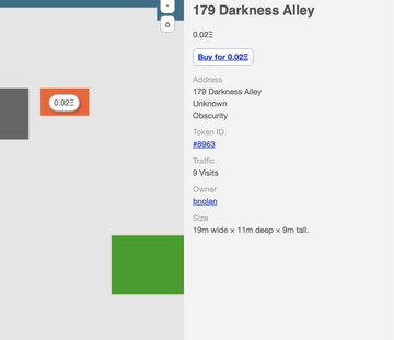 An auction or trading interface for a property named '179 Darkness Alley' in 'Unknown', with a price of '0.02z' and details like Token ID '#8963' and owner 'bndan'.