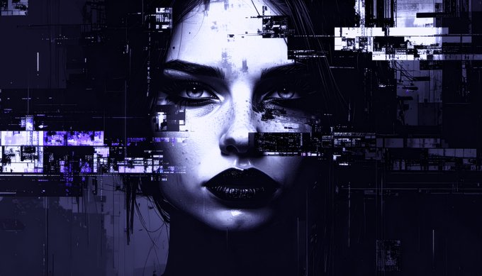 The image features a woman with dark hair, wearing lipstick and having her face partially obscured by a series of lines or dots. The background appears to be a blend of blue and purple colors, creating an abstract and surreal atmosphere. The caption "Day 875 #JedenTag Indelible Periphery" suggests that the image might have been taken on Day 875, with the woman's face being part of a larger artistic composition or concept.