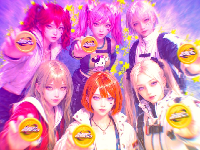 Six cosplayers with colorful hair and vibrant outfits pose together, each holding up a small coin labeled "SPX" toward the camera, visually echoing the post about the SPX6900 token "getting bigger" as they playfully present the coin front and center.