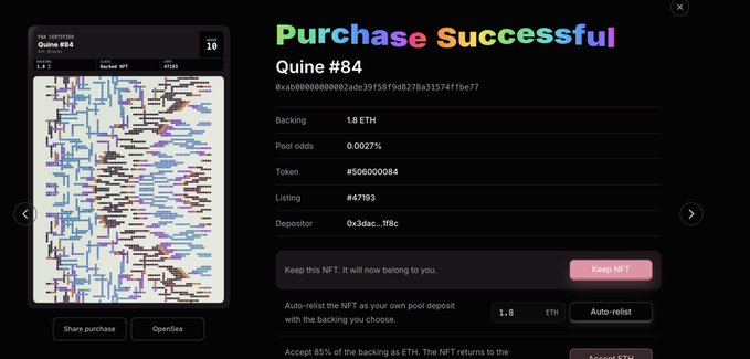 A 'Purchase Successful' confirmation screen shows the acquisition of 'Quine #84' NFT for 1.8 ETH on what appears to be the Quine platform, with options to Keep NFT or Auto-relist.