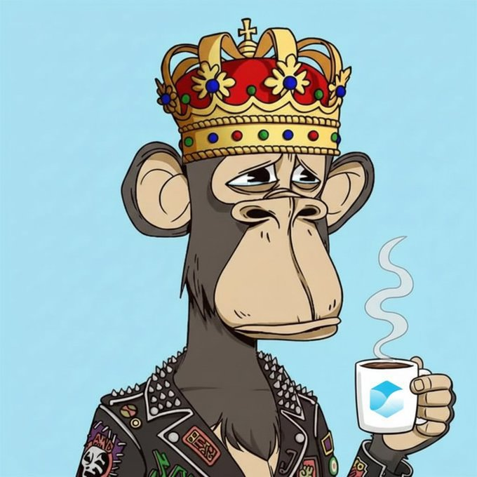 A cartoon illustration of a sad-looking monkey wearing an ornate gold and red crown and a black studded punk jacket, holding a steaming mug with a blue wave logo.