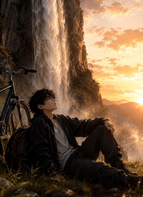 An anime-style illustration of a young man with dark hair sitting beside a bicycle and backpack, gazing up at a dramatic waterfall at sunset.