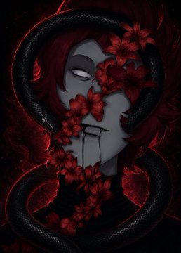 A dark, gothic digital artwork features a pale, melancholic figure with glowing red eyes and a black serpent coiled around them, accented by vibrant red flowers cascading down their face, fitting the eerie, one-of-one NFT aesthetic shared for "Tezos Tuesday."