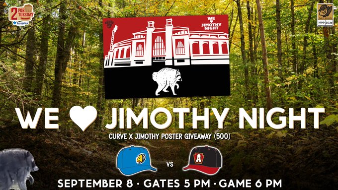 A promotional poster set against a forest background advertises 'WE ❤ JIMOTHY NIGHT' and a 'CURVE X JIMOTHY POSTER GIVEAWAY (500),' with logos for a ballpark and the Toledo Mud Hens vs. Auburn baseball teams, scheduled for September 8.