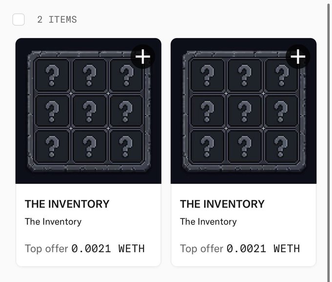 An OpenSea-style listing page displays "2 ITEMS" of "THE INVENTORY" NFT collection, each with a 3x3 grid of question-mark slots and a top offer of 0.0021 WETH. The image supports the post about minting two inventory NFTs, though the top offer price appears quite low for a "to the moon" celebration.