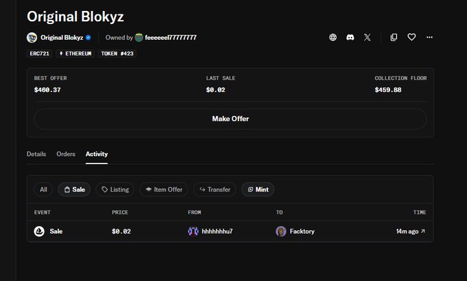 An NFT marketplace listing for 'Original Blokyz' (ERC721, Ethereum, Token #423) showing a best offer of $460.37, last sale of $0.02, and collection floor of $459.88.