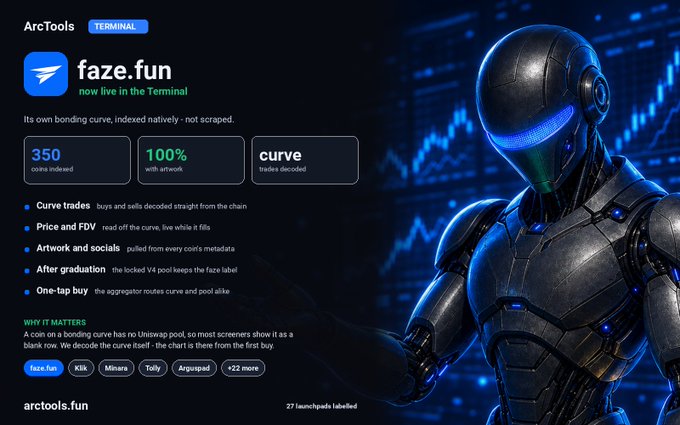 An ArcTools Terminal landing page announcing faze.fun 'now live in the Terminal,' with stats showing 350 curve minted, 100% with artwork, and details about curve trades and bonding curves.