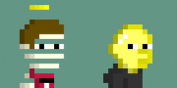 A low-resolution pixel art image showing two characters - one with brown hair in a red shirt on the left and a blonde bald figure in a dark suit on the right.