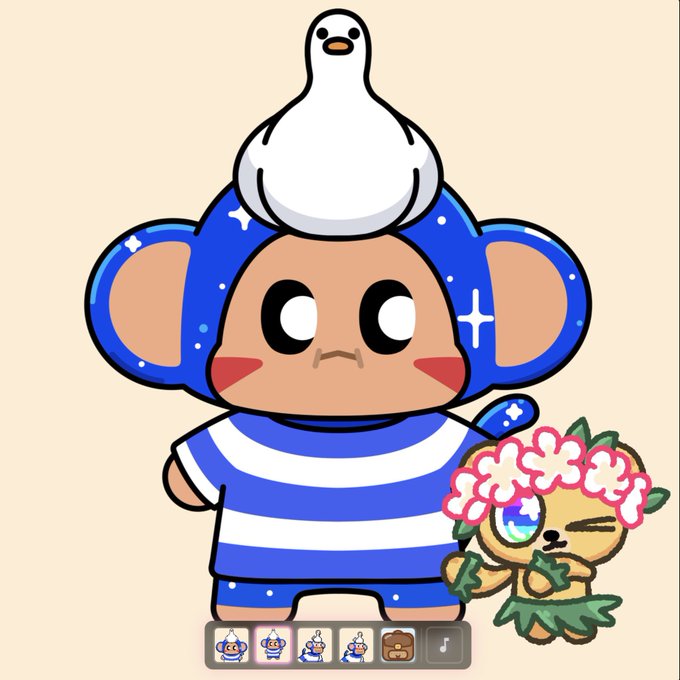 A cute cartoon character with a white bird on its head, wearing a blue and white striped shirt, standing next to a small flower character, with animation thumbnails at the bottom.