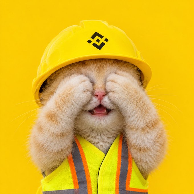 A fluffy orange and white cat wearing a yellow construction hard hat with a Binance logo and a high-visibility safety vest, covering its face with its paws against a bright yellow background.