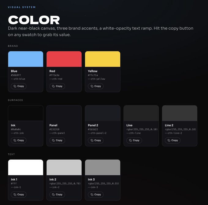 A 'COLOR' visual system reference displaying brand colors (Blue, Red, Yellow), surface tones (Ink, Panel, Line), and text ink variations with their hex codes.