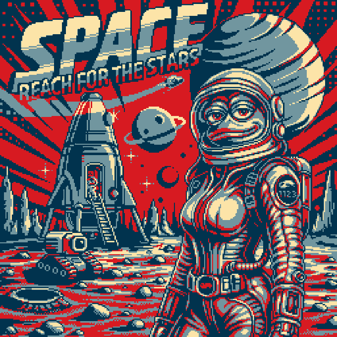 A pixel art illustration featuring an astronaut and a rocket ship on a red and blue planet, with text reading 'SPACE REACH FOR THE STARS'.