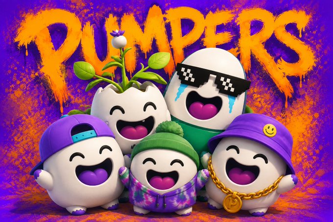 A group of five cheerful, cartoonish "Pumper" characters—including one wearing pixelated sunglasses and a gold chain, and others sporting baseball caps and a plant sprout—pose together against a vibrant purple and orange background featuring the bold graffiti-style word "PUMPERS." The image aligns with the post announcing the Pumpers NFT collection's verification on Magic Eden marketplace.