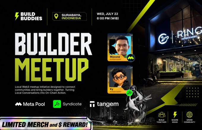 An event poster for 'BUILDER MEETUP' by Build Buddies in Surabaya, Indonesia on Wednesday, July 22 at 6:00 PM WIB, featuring ambassadors Maxone and Ky, with sponsors Meta Pool, Syndicate, and Tangem.