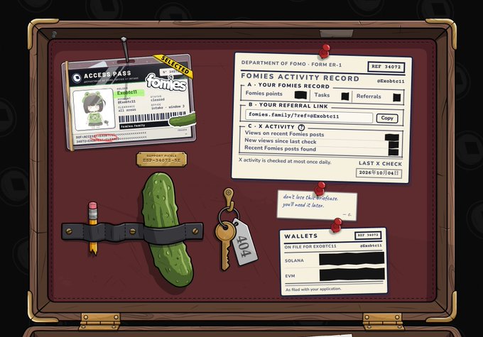 A whimsical briefcase interior displays a "DEPARTMENT OF FOMO - FORM ER-1" FOMIES ACTIVITY RECORD (REF 34072) for @Exoboti1, alongside an ACCESS PASS ID, a redacted SOLANA/EVM wallet card (REF 34973), keys, a pencil, and a mysterious pickle, perfectly matching the post's playful narrative of receiving a FOMO department briefcase with a pickle mystery tied to the @FomiesNFT project.