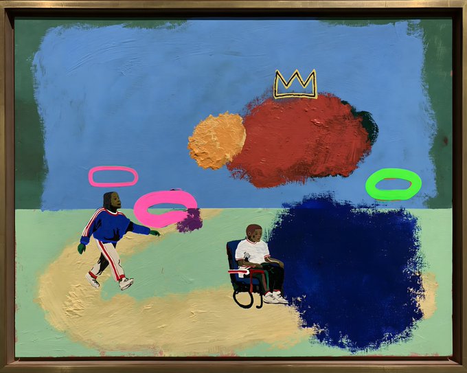 A painting in the style of Jean-Michel Basquiat featuring two Black figures, one in a wheelchair, alongside colorful abstract shapes and a crown motif.