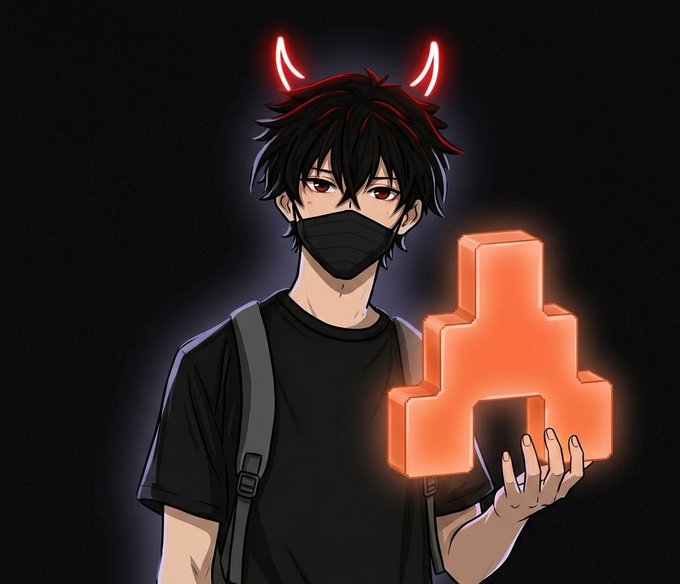 An anime-style character with messy black hair, a face mask, and glowing red devil horns holds a glowing orange Tetris-like block against a dark background.