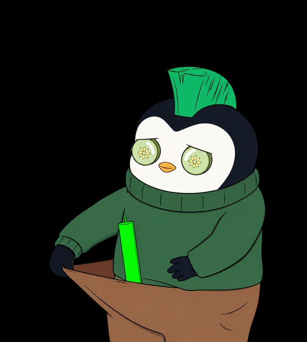 A cartoon penguin with a green mohawk, wearing a green sweater, holds a green candle while looking at a brown sack, set against a black background.