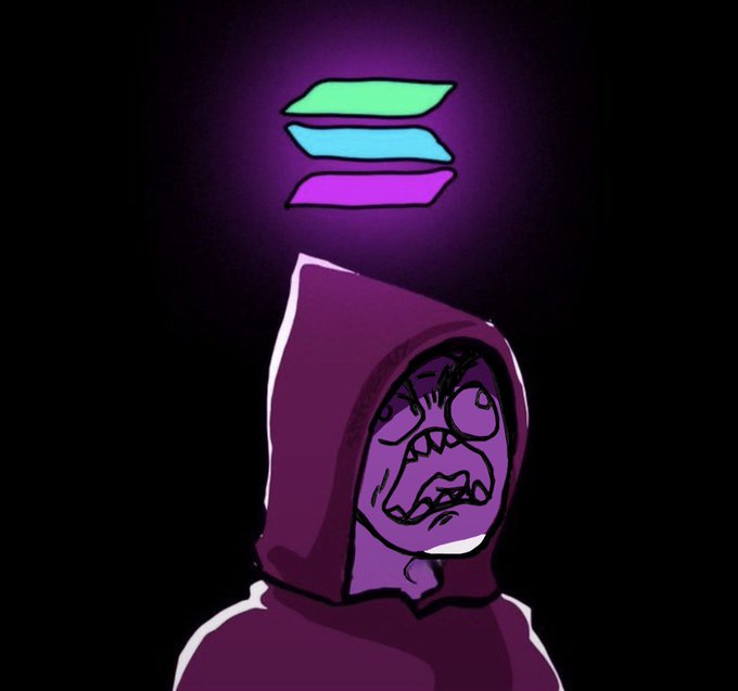 A cartoon-style drawing of a distressed-looking character in a purple hooded robe, with the Solana logo (three stacked horizontal lines in green, blue, and purple) glowing above their head against a black background.