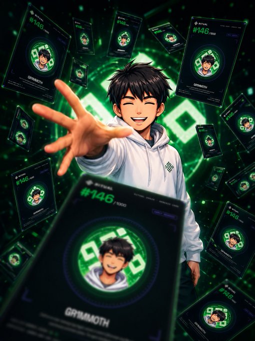 An anime-style illustration of a smiling boy reaching out, surrounded by floating NFT cards labeled '#146/1000' with the name 'GRIMMOTH'.