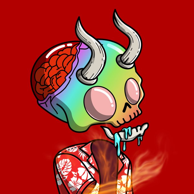 A colorful cartoon character with an exposed brain, horns, large pink eyes, and a Hawaiian shirt is depicted on a red background, with fire rising from below. The vibrant, surreal illustration fittingly accompanies a birthday post tagging "@lordeco" for a "Ghost" themed birthday greeting.