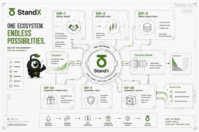 A StandX ecosystem infographic illustrating the "One Network, Every Role, Endless Possibilities" framework, showing interconnected SIP modules (SIP-1 Block Trade, SIP-2 Position Yield, SIP-3 Triple Yield Stack, SIP-4 Universal Yield, SIP-5A Community Maker Yield, and SIP-5B Community Vaults) surrounding a central StandX logo, with a flow diagram at the bottom linking liquidity providers to traders, fees, rewards, ecosystem growth, and value creation.