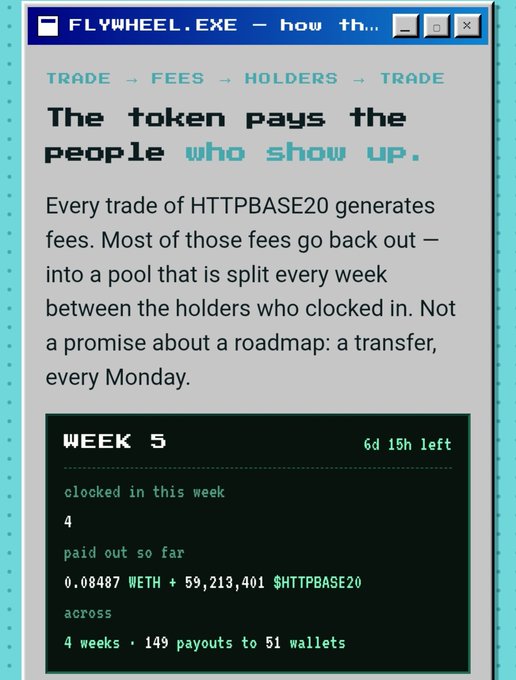 A retro-styled window titled 'FLYWHEEL.EXE' explaining that 'The token pays the people who show up,' detailing weekly payouts for HTTPBASE20 holders.