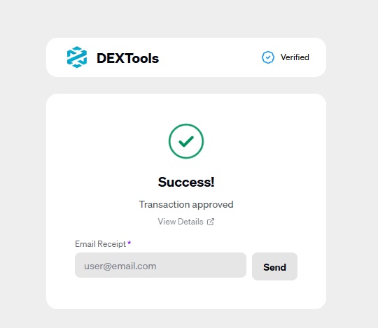 The image shows a pop-up window from the DEXTools company, displaying an approval message for a successful payment of 200 nitro, along with instructions on how to proceed with the transaction. The text reads "Success!" which indicates that the payment has been approved and a receipt is available in the email address input field.
