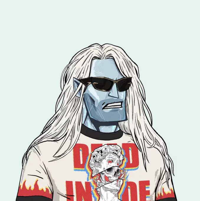A digital illustration of a pale, long-haired character wearing dark sunglasses and a graphic t-shirt with flame designs on the sleeves.