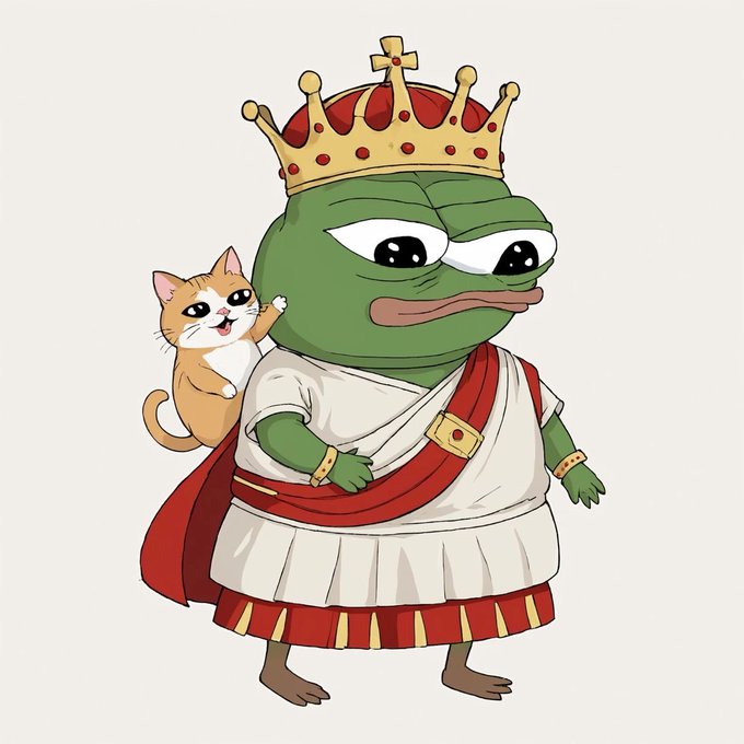 A cartoon frog wearing a royal crown, white tunic, red sash, and gold cuffs, with a cheerful orange and white cat perched on its shoulder, fits the "Gm bros" post as a wholesome, friendly morning greeting featuring two buddies ready to conquer the day.